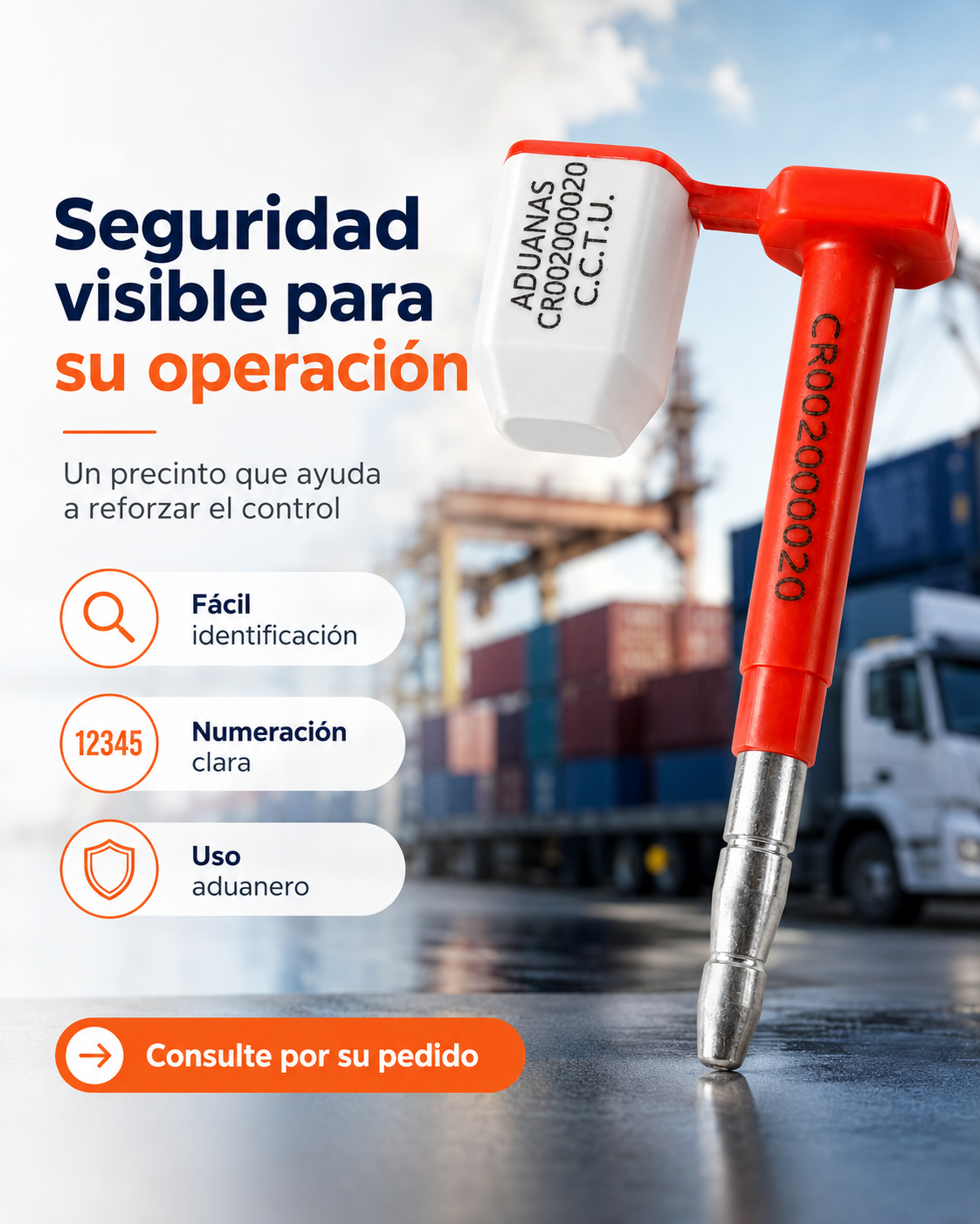 Marchamo aduanero CCTU con numeración visible, frente a contenedores y un camión de carga